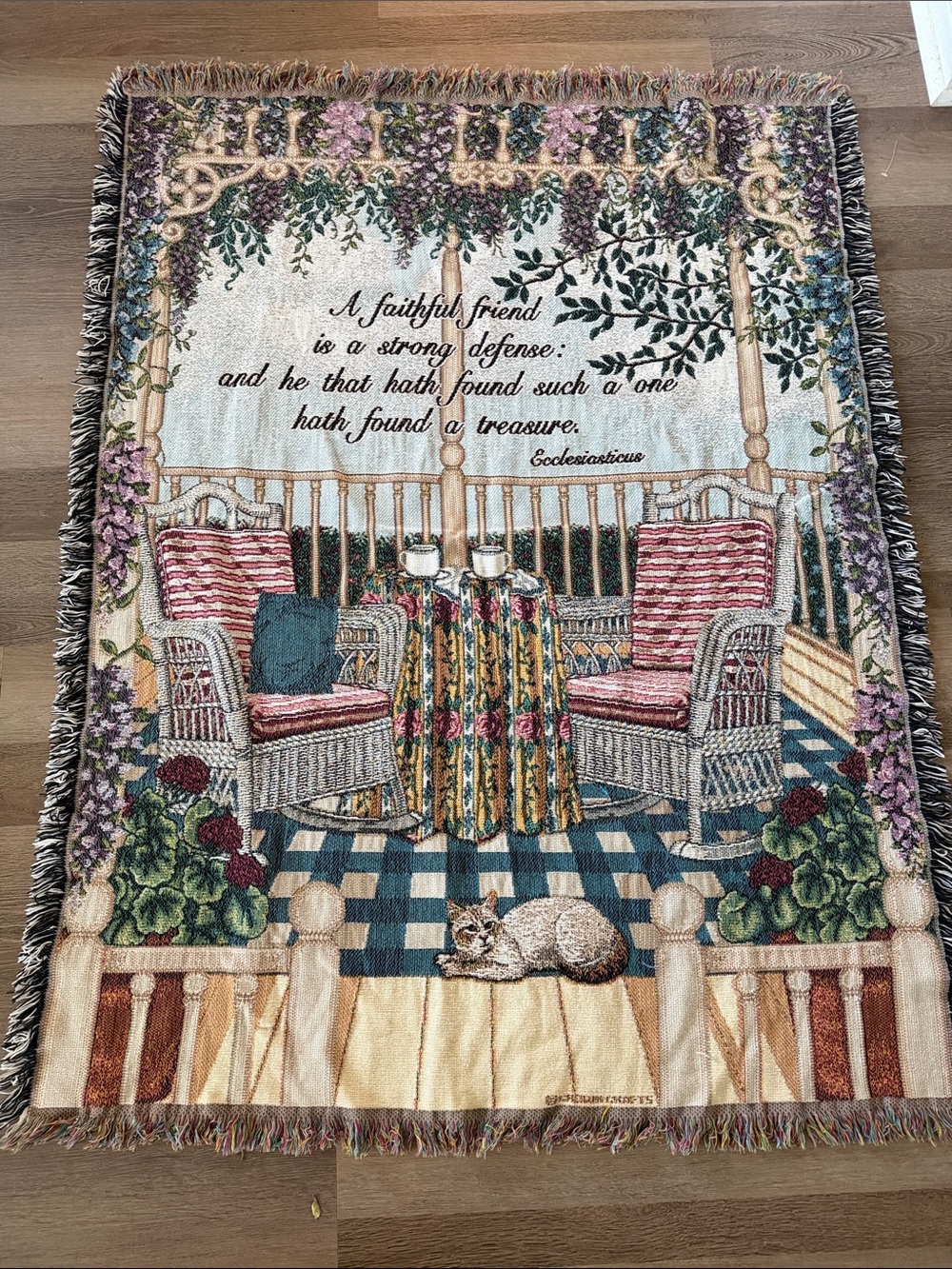 Cozy Porch Tapestry Throw Blanket with Floral and Wicker Chair Scene
